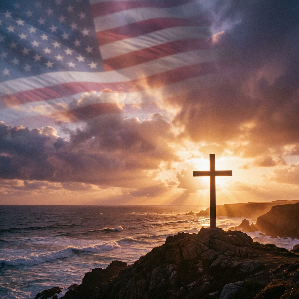 Sunrise over the Atlantic with Cross and Flag